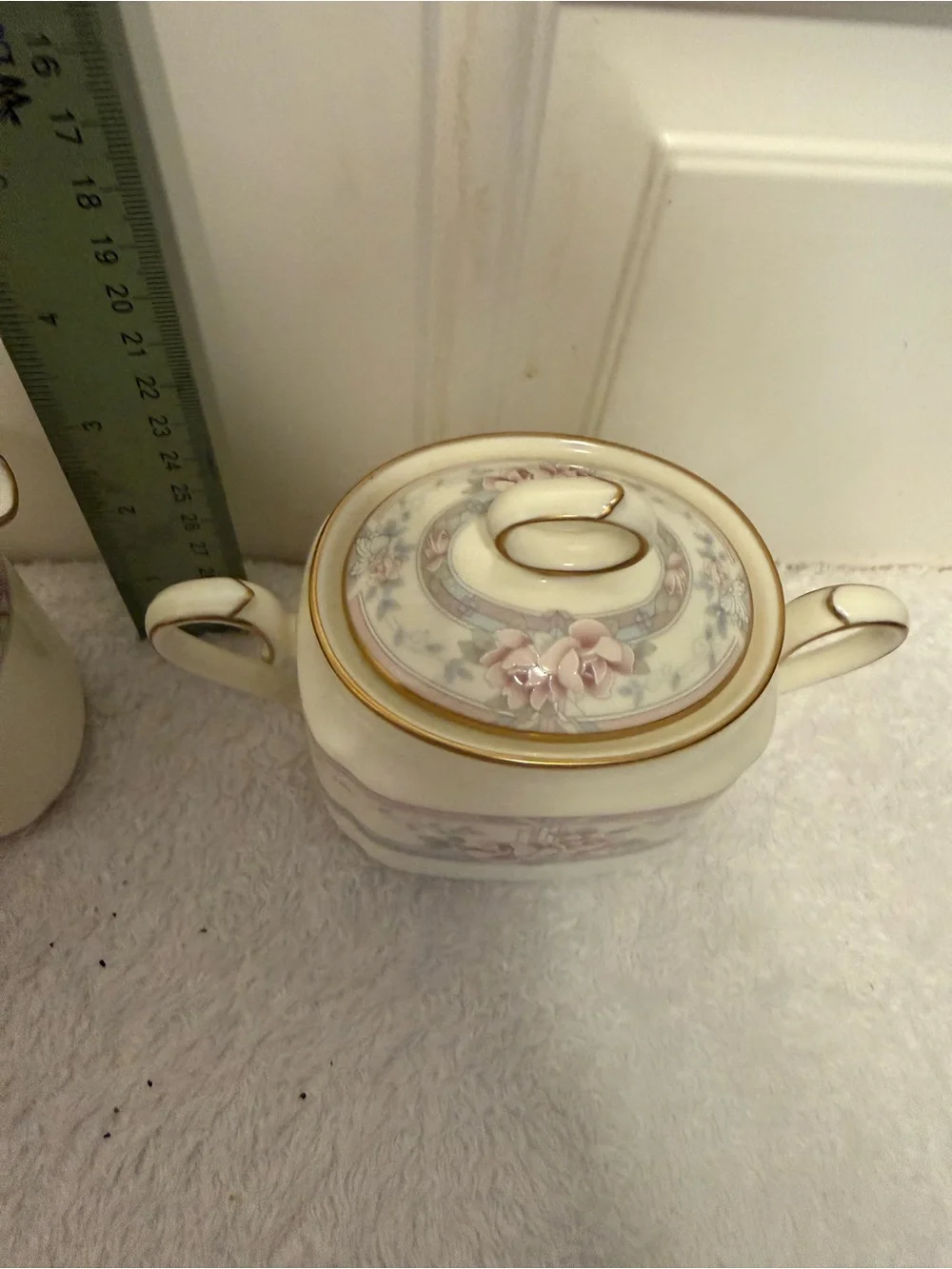 Porcelain Noritake Creamer and Sugar Set with Pink Floral Banding